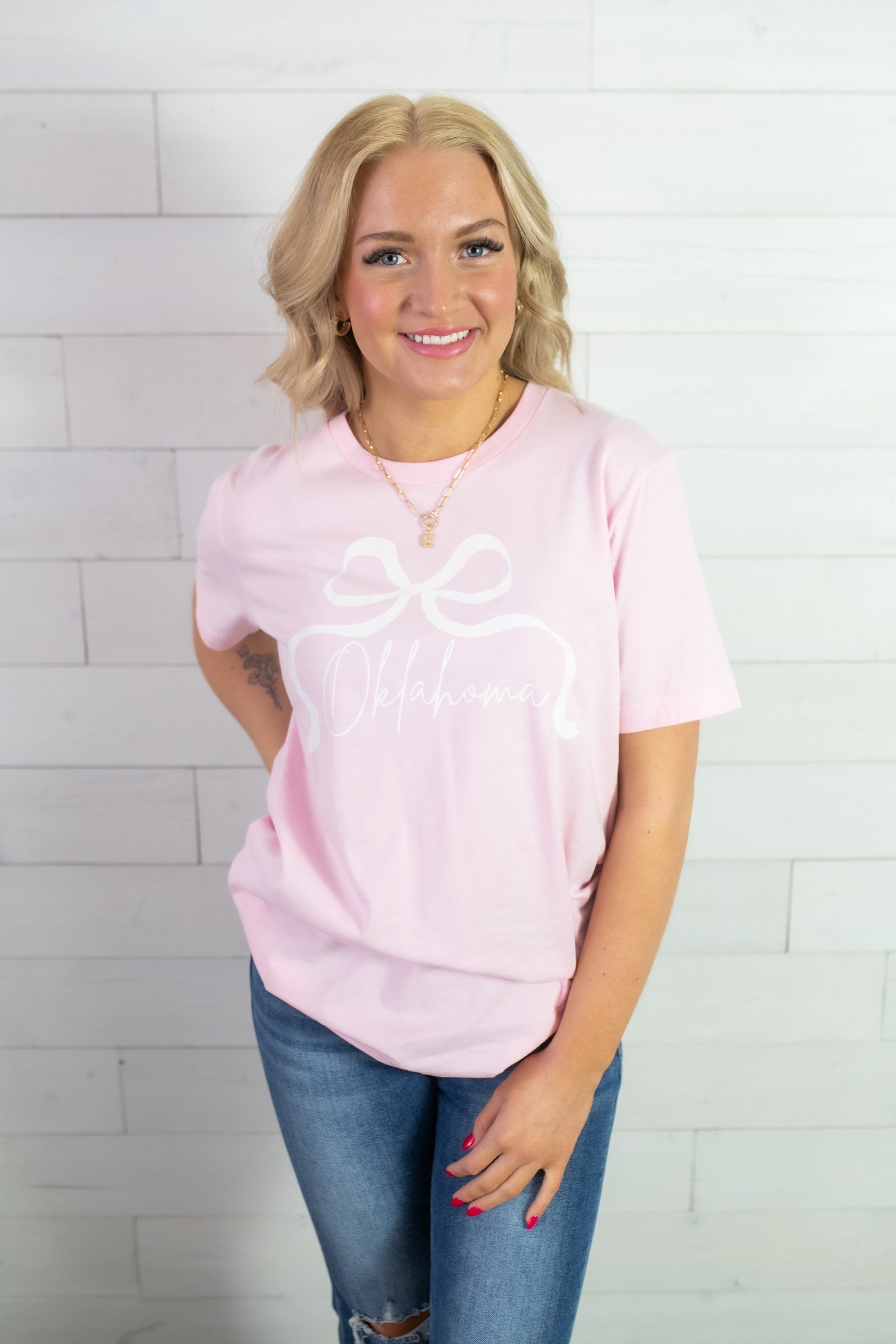 Womens Oklahoma Bow Graphic Tee-Pink