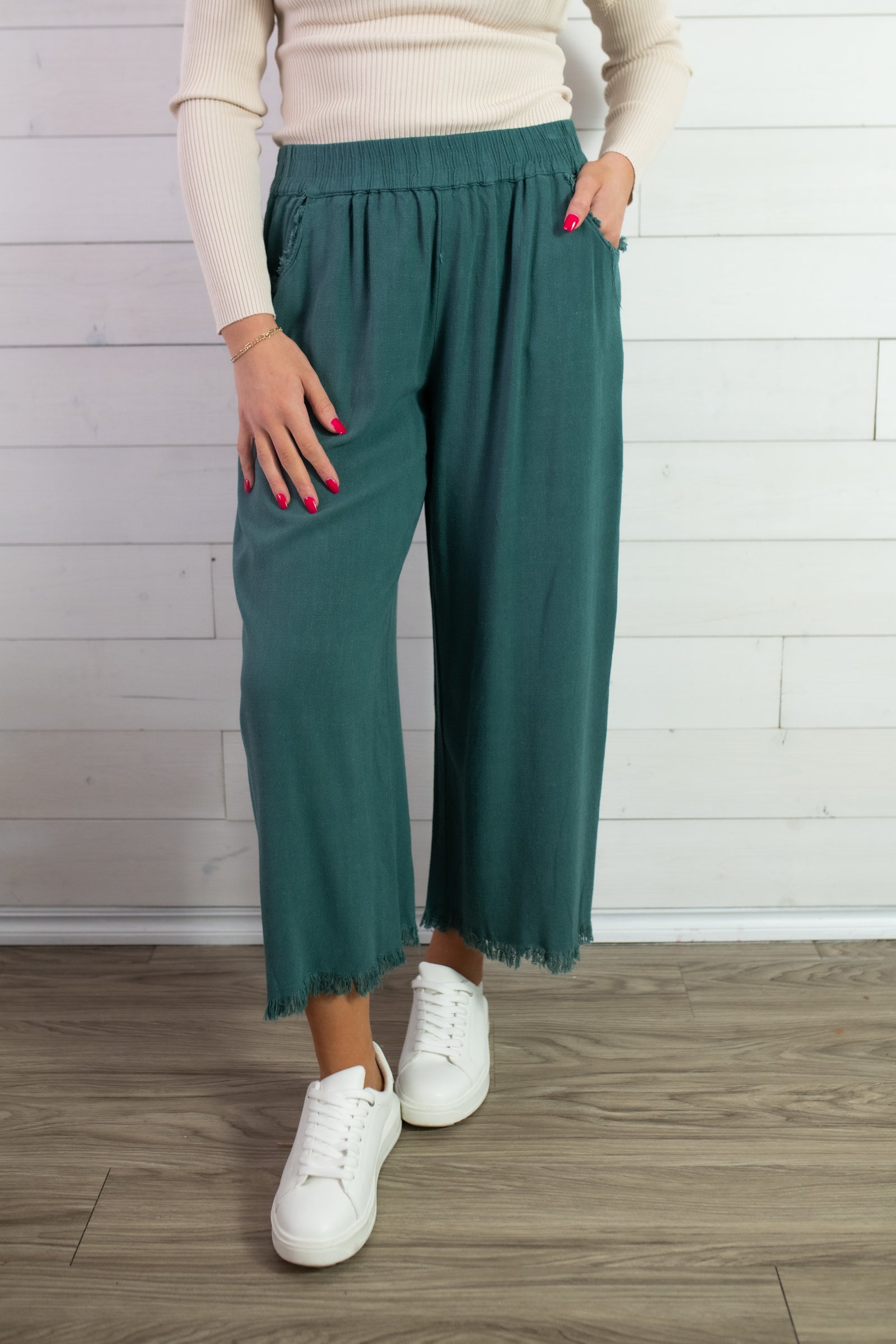 Umgee Elastic Waistband Wide Leg Pant w/Side Pockets-Seaweed
