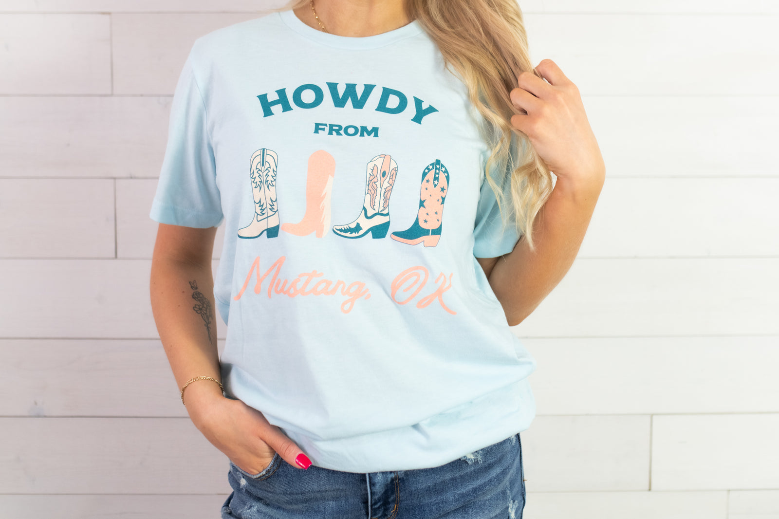 Howdy Mustang, OK Graphic Tee-Ice Blue