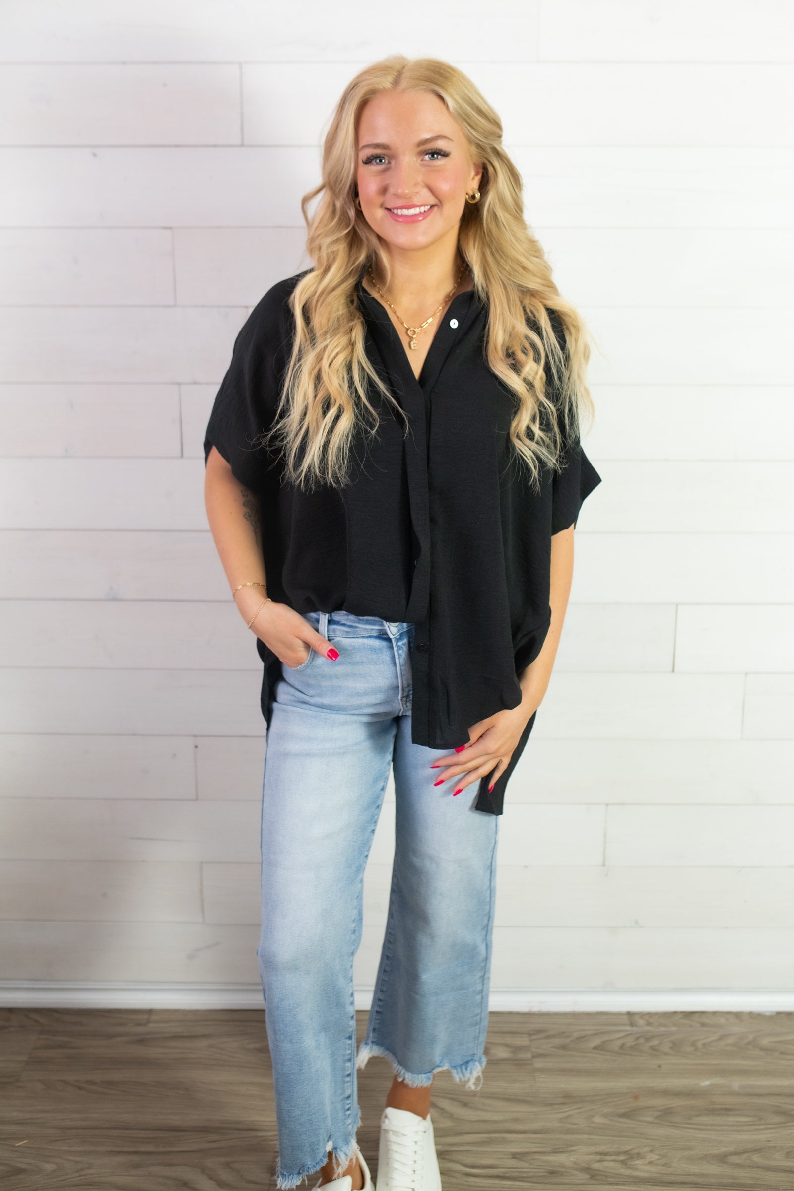 Umgee Oversized Button Down Hi-Low Shirt-Black