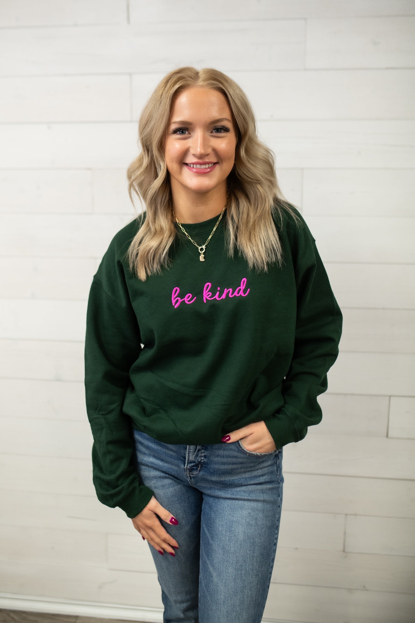 Be Kind Embroidered Sweatshirt-Dark Green