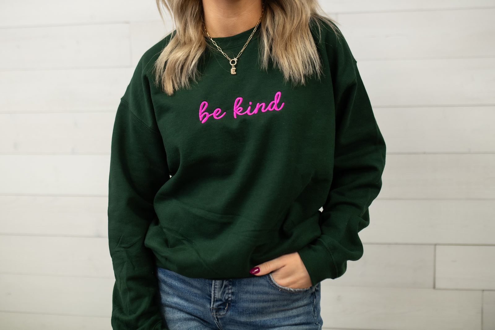 Be Kind Embroidered Sweatshirt-Dark Green