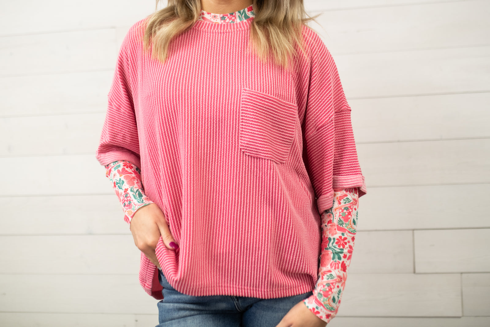 Umgee Knit Boxy Cut Top with Pocket-Raspberry