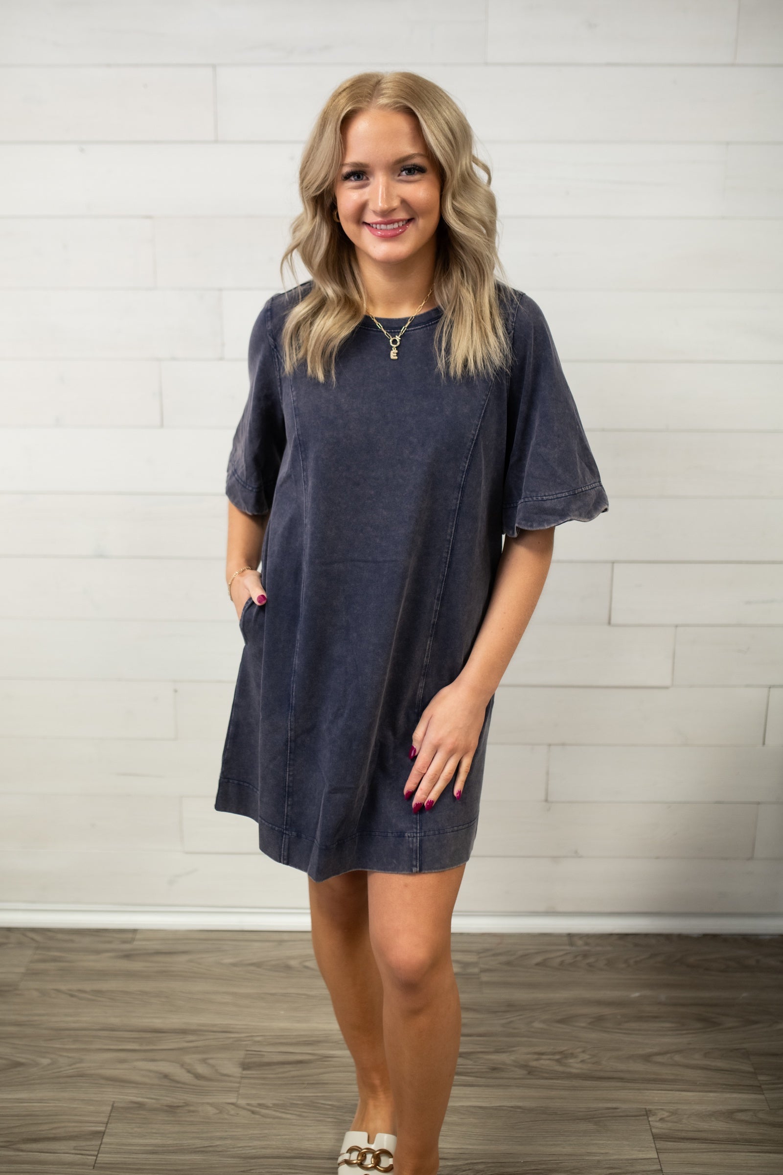 Umgee Mineral Wash Scallop Neck T-Shirt Dress-Blue