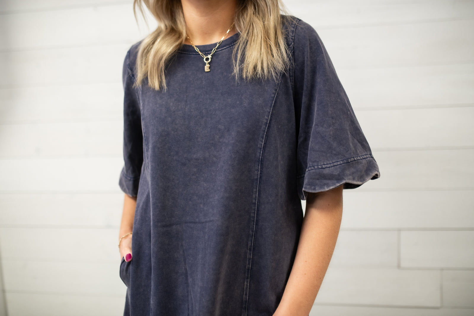 Umgee Mineral Wash Scallop Neck T-Shirt Dress-Blue