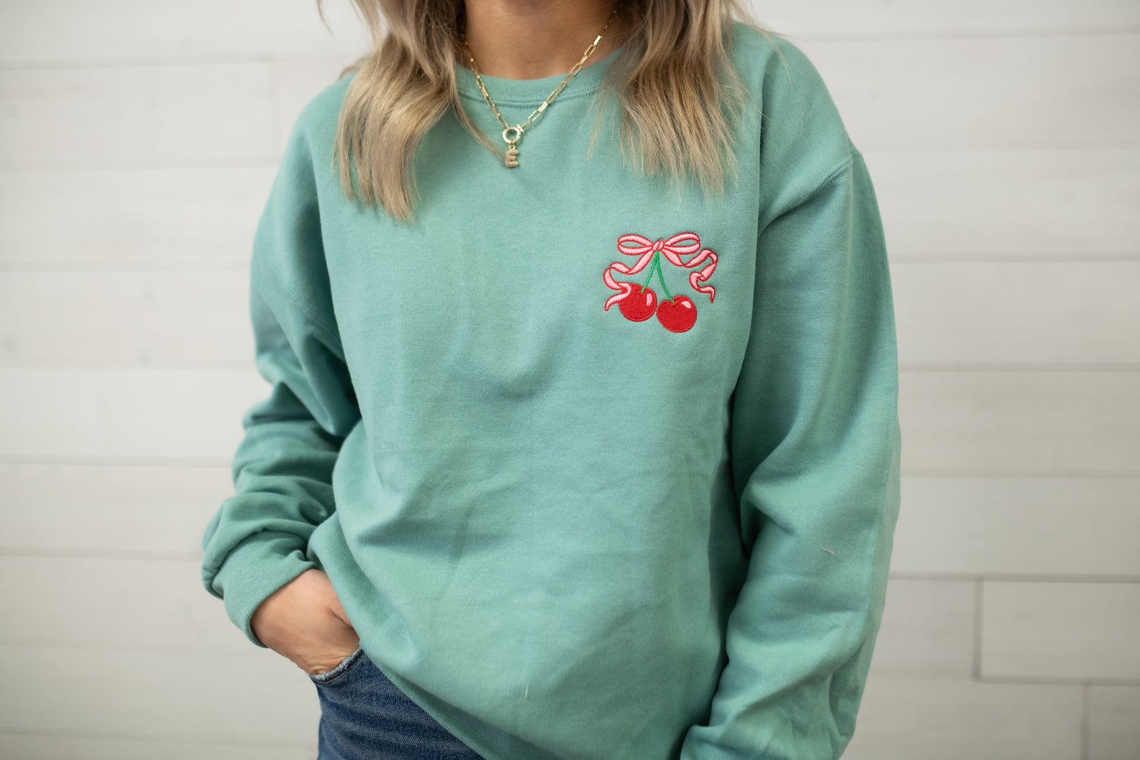 Cherry Bows Embroidered Sweatshirt-Green