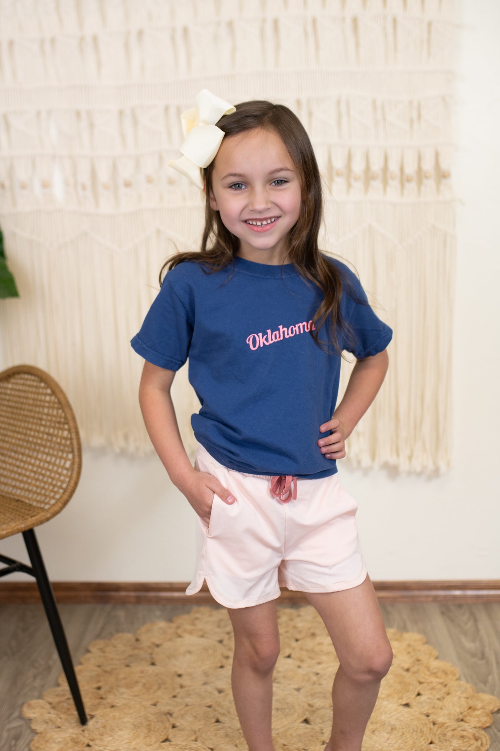 Girl's Navy Oklahoma Slant Embroidered Tee
