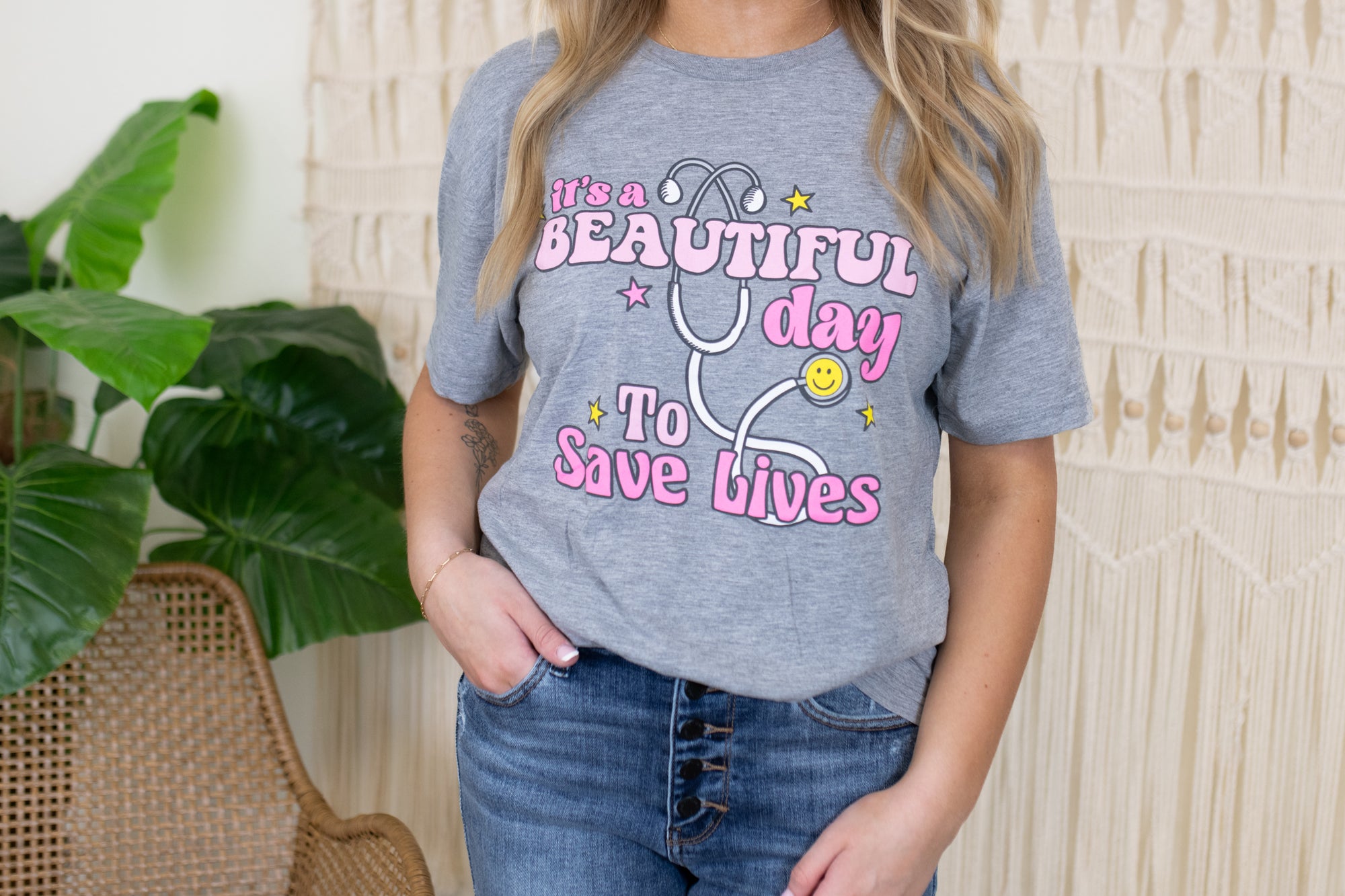 Its A Beautiful Day To Save Lives Graphic Tee-Grey