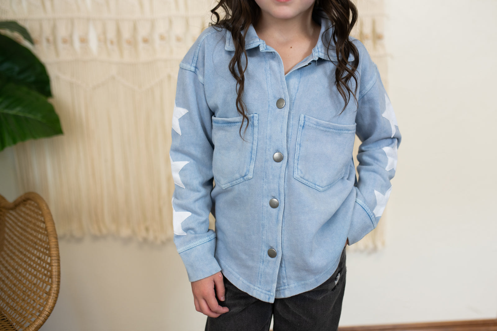 Light Wash Knit Star Sleeve Shirt Jacket