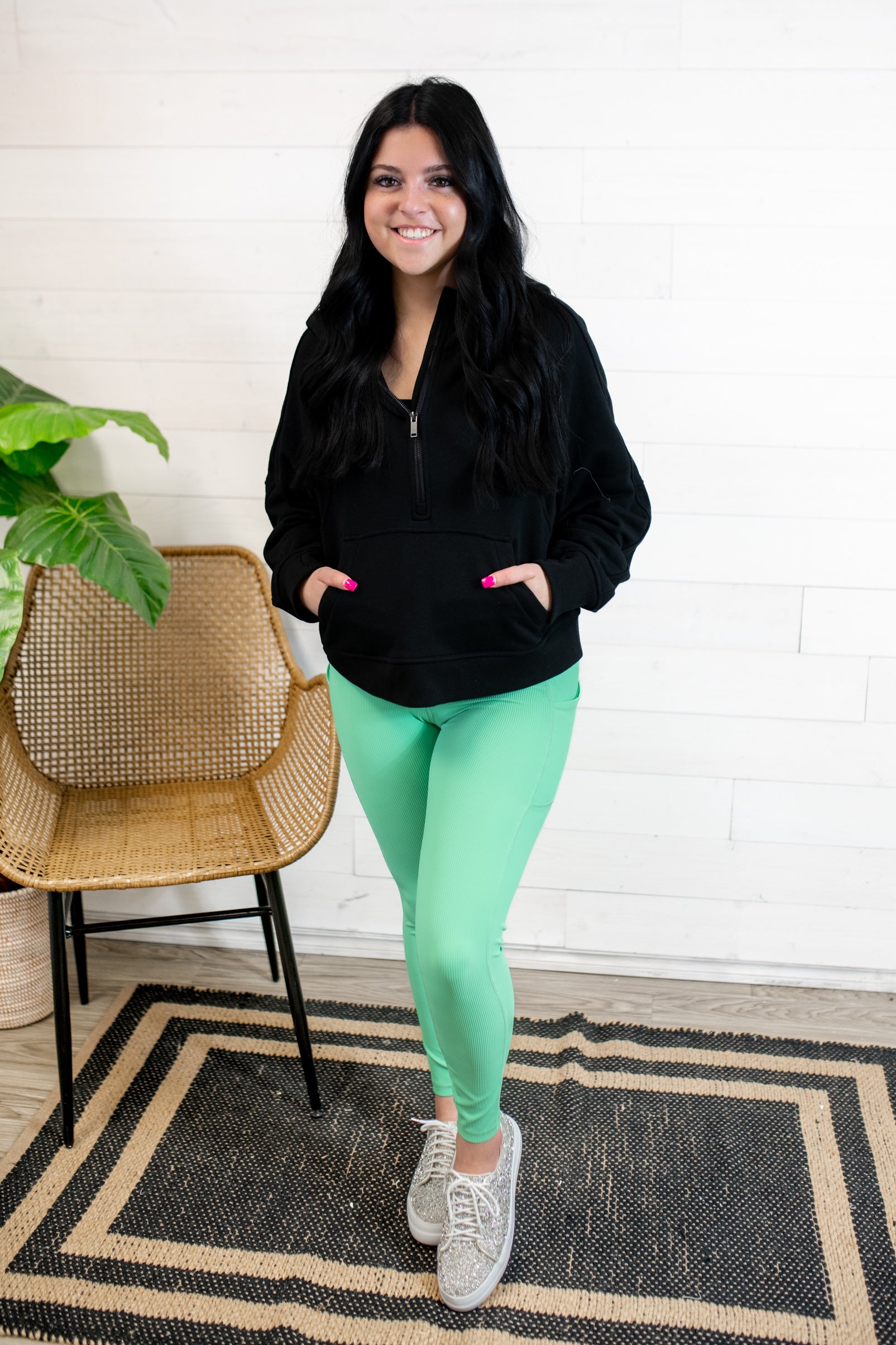 Nylon Rib Long Length Yoga Pant with Side Pocket-Digital Green