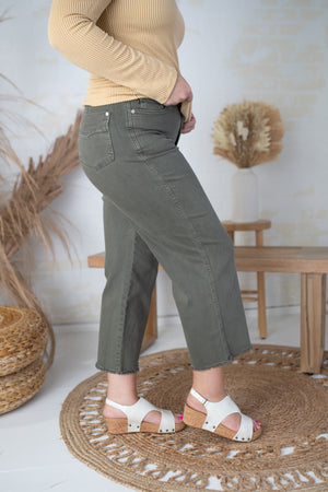 Lily High Waisted Jean's with Crop Frayed Wide Leg's-Olive