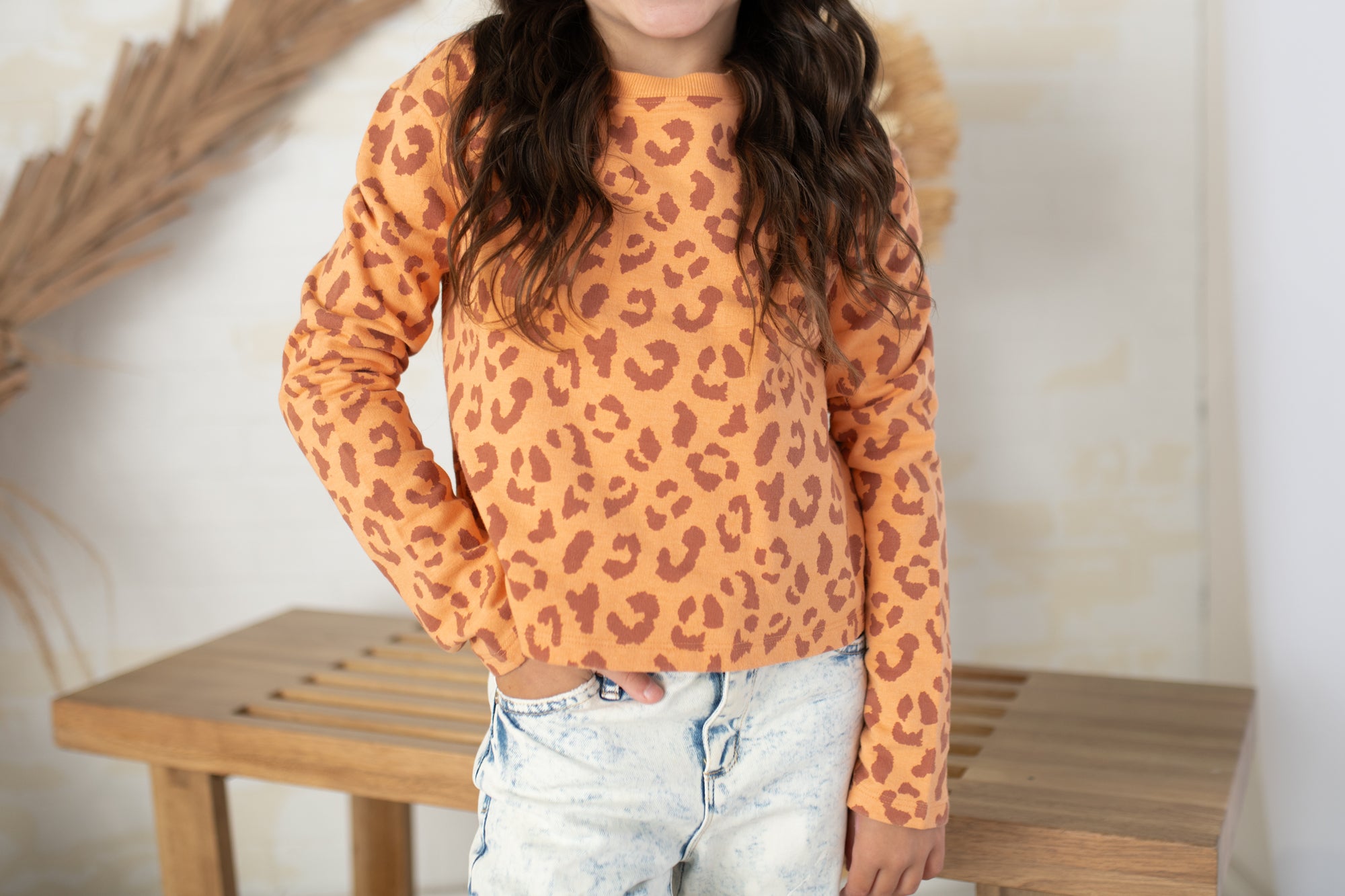 Tween Apricot Leopard Fleece Crop Sweatshirt