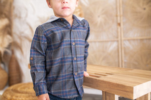 Aaron Hooded Woven Charcoal & Blue Plaid Long Sleeve Shirt