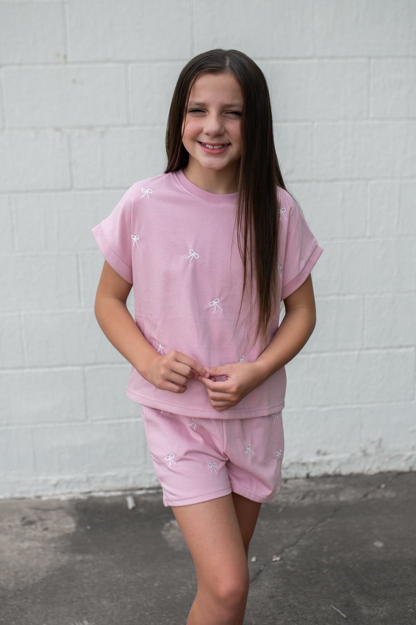 Girls Mauve Shorts With White Bows/Pockets