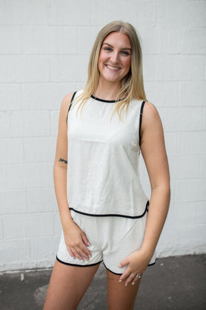 Contrast Trim Sleeveless Linen Top Natural