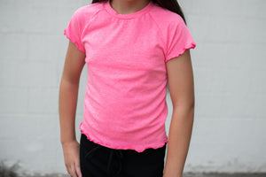 Lettuce Edge Raglan Cap Sleeve Top Neon Pink