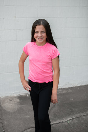 Lettuce Edge Raglan Cap Sleeve Top Neon Pink