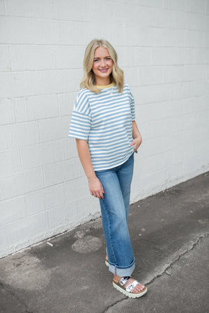 Stripe Colorblock SS Knit Top Blue Stripe