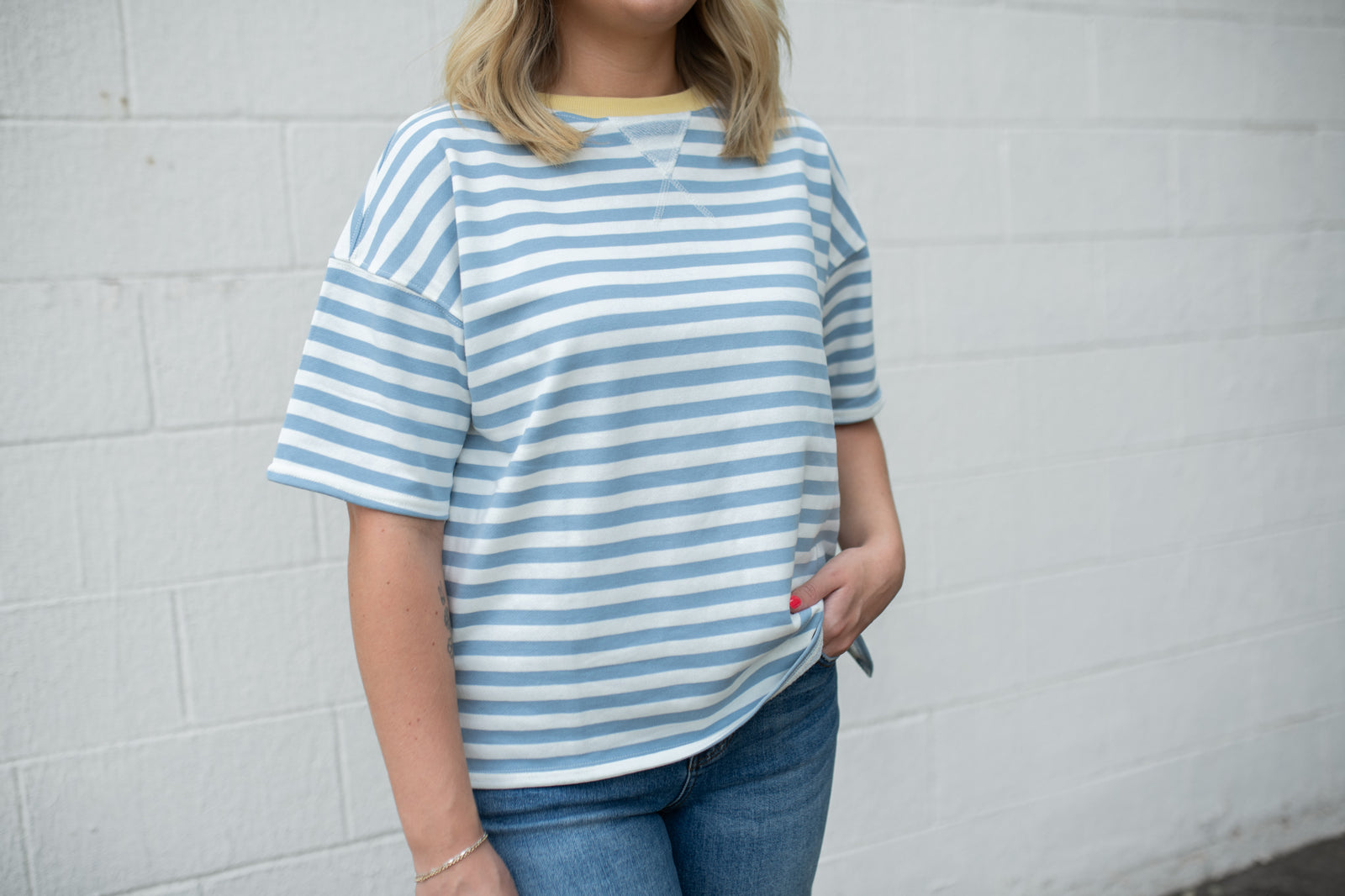 Stripe Colorblock SS Knit Top Blue Stripe