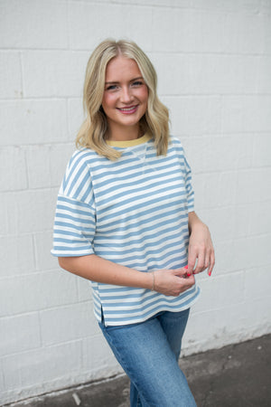 Stripe Colorblock SS Knit Top Blue Stripe