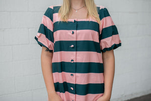 Square Neck Puff Sleeve Peach/Pine Dress