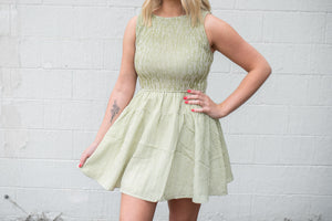 Gingham Sleeveless Smocked Mini Dress Light Olive