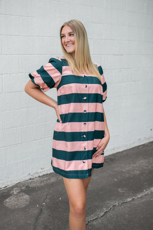 Square Neck Puff Sleeve Peach/Pine Dress