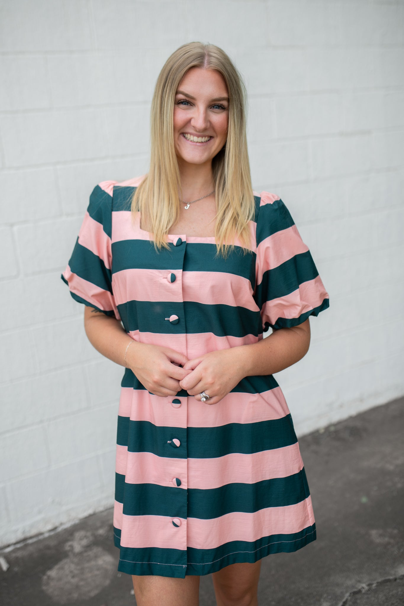 Square Neck Puff Sleeve Peach/Pine Dress