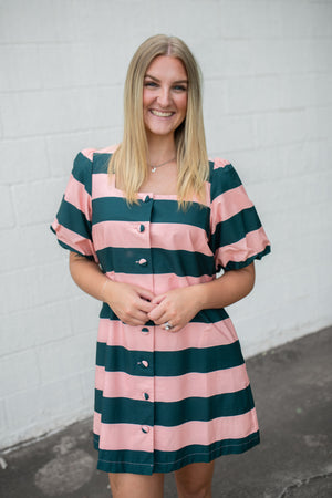 Square Neck Puff Sleeve Peach/Pine Dress