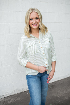 Stripe Collared Button Down Shirt Light Olive
