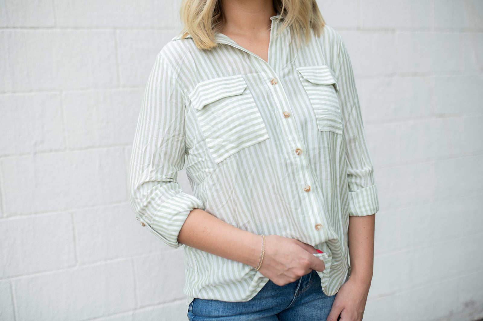 Stripe Collared Button Down Shirt Light Olive