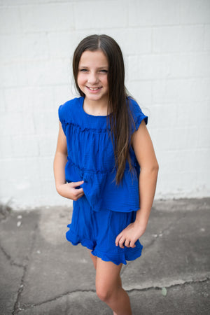 Cotton Gauze Tiered Ruffle Top Royal Blue