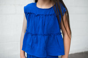 Cotton Gauze Tiered Ruffle Top Royal Blue