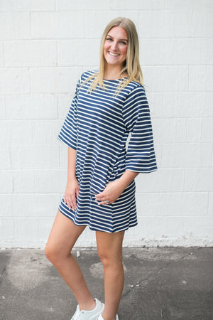 Navy & White Stripe Dress 3/4 Sleeves