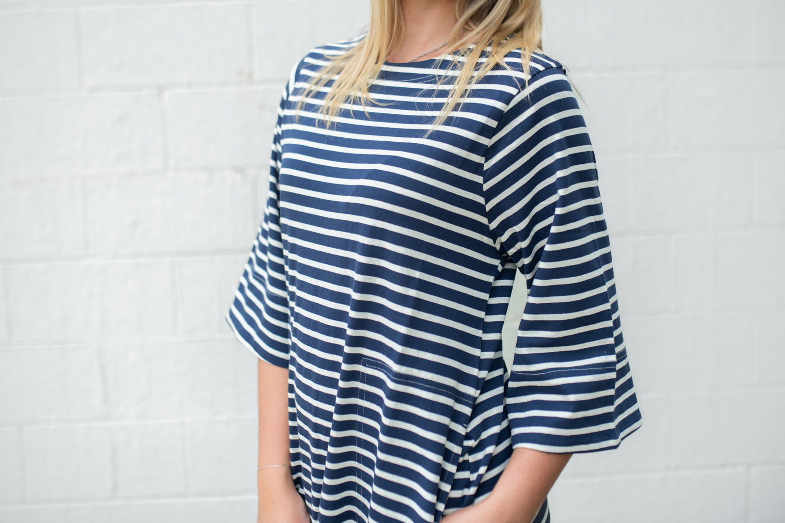 Navy & White Stripe Dress 3/4 Sleeves