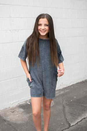 Mineral Washed Low Back Romper Charcoal