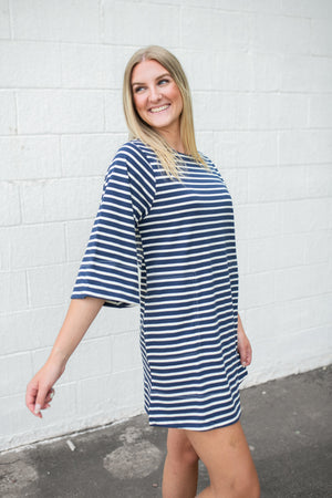 Navy & White Stripe Dress 3/4 Sleeves