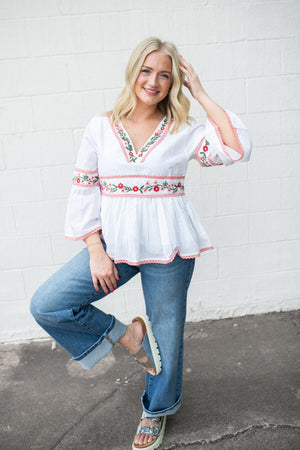 Soft Woven Floral Embroidered White Blouse