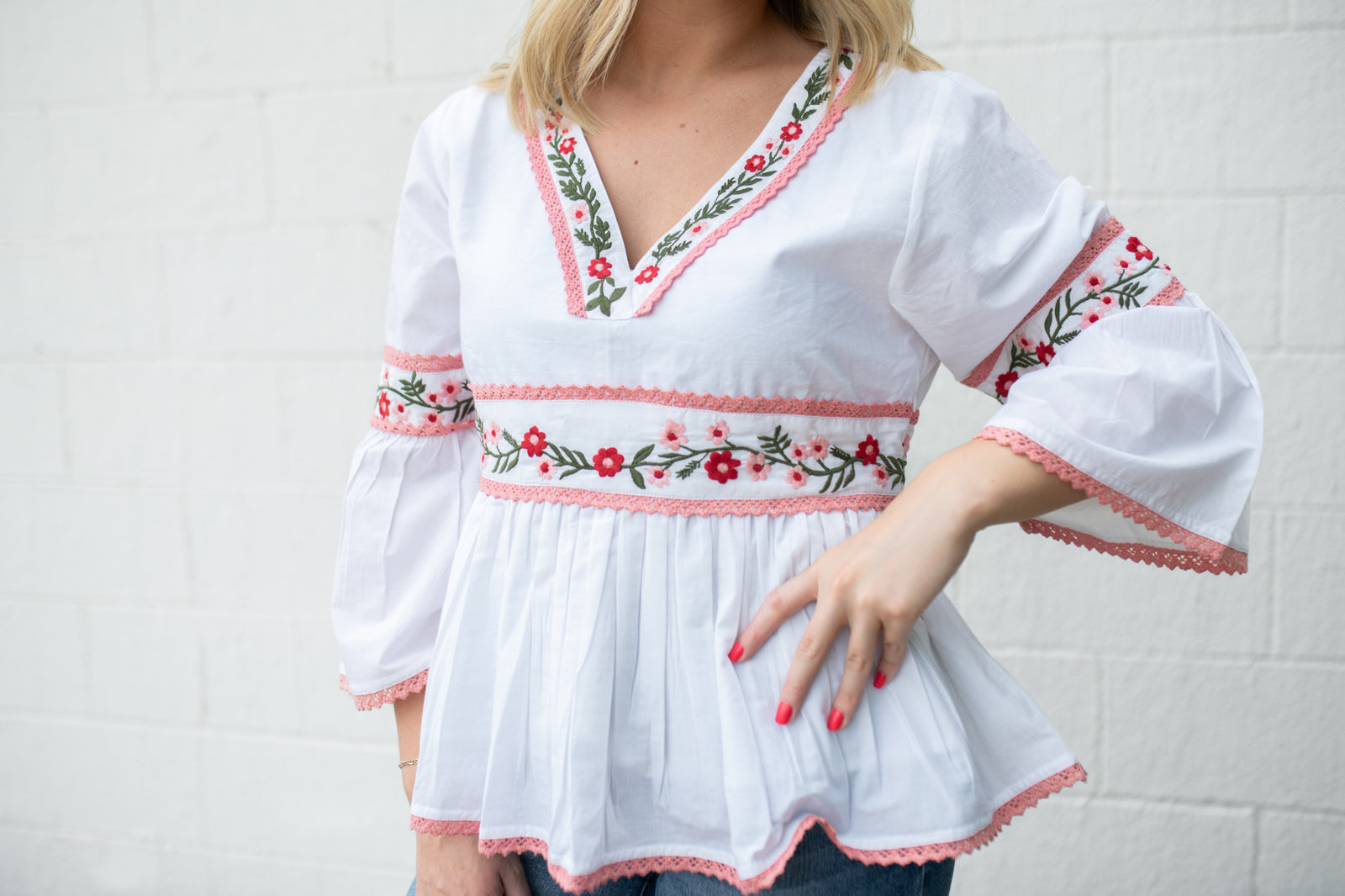 Soft Woven Floral Embroidered White Blouse