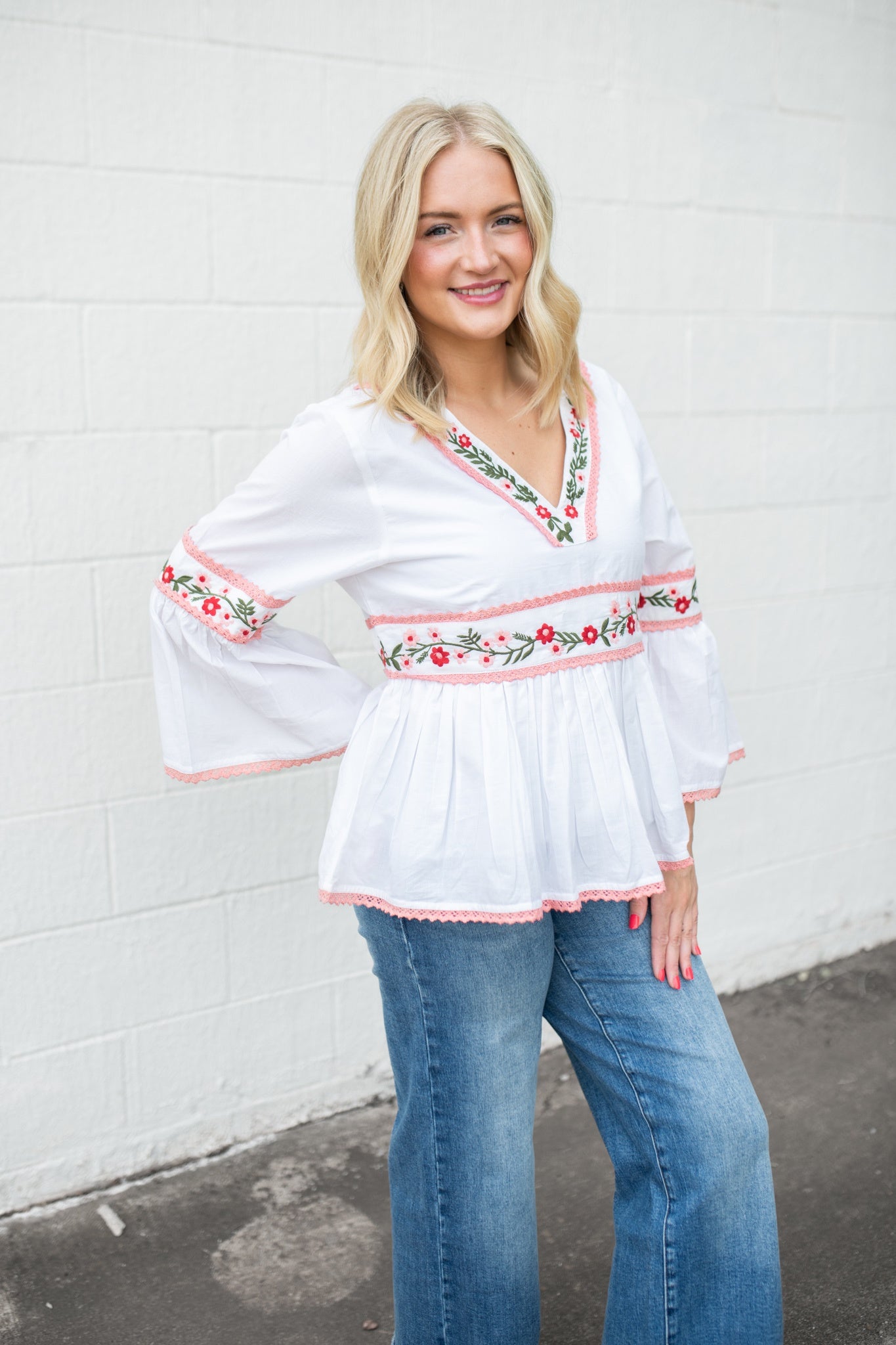 Soft Woven Floral Embroidered White Blouse