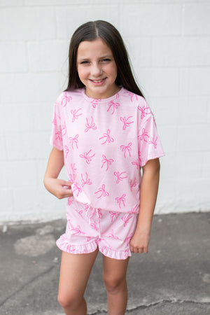 Ribbon Print Top & Short Set Pink Bows