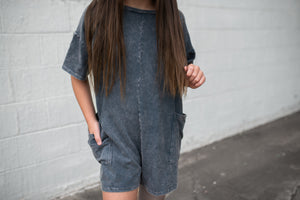 Mineral Washed Low Back Romper Charcoal