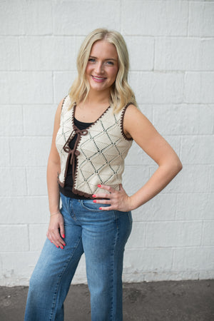 Contrast Stitch Crochet Knit Front Tie Vest Natural