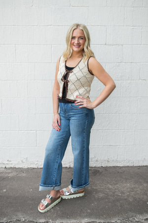 Contrast Stitch Crochet Knit Front Tie Vest Natural