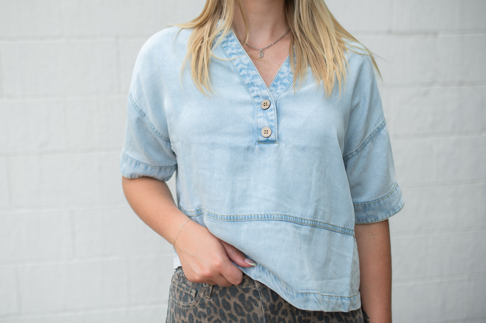 Washed Denim Split Neck SS Top