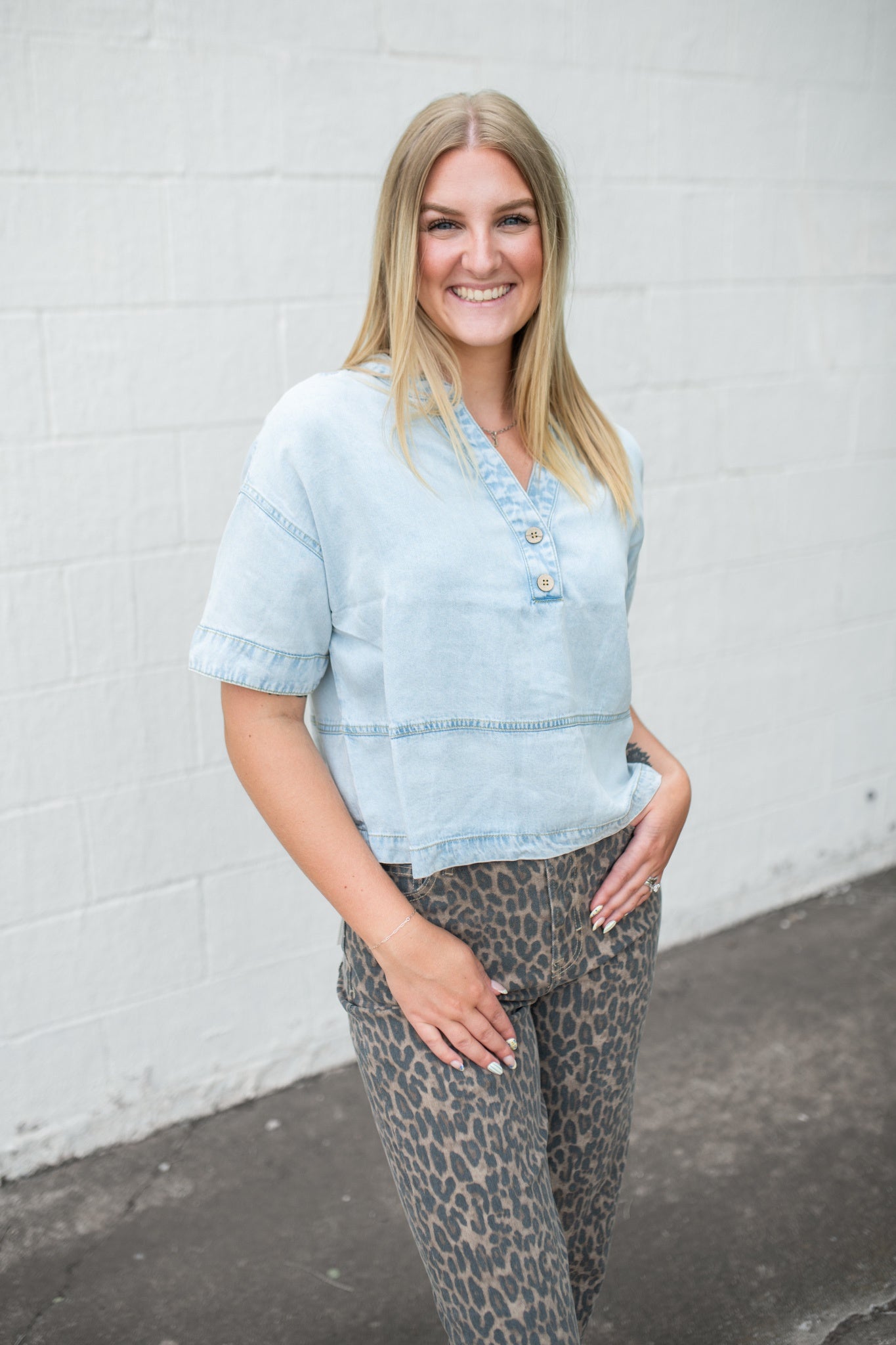 Washed Denim Split Neck SS Top