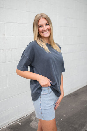 Washed Exposed Seam Relaxed Knit T Shirt Navy Gray