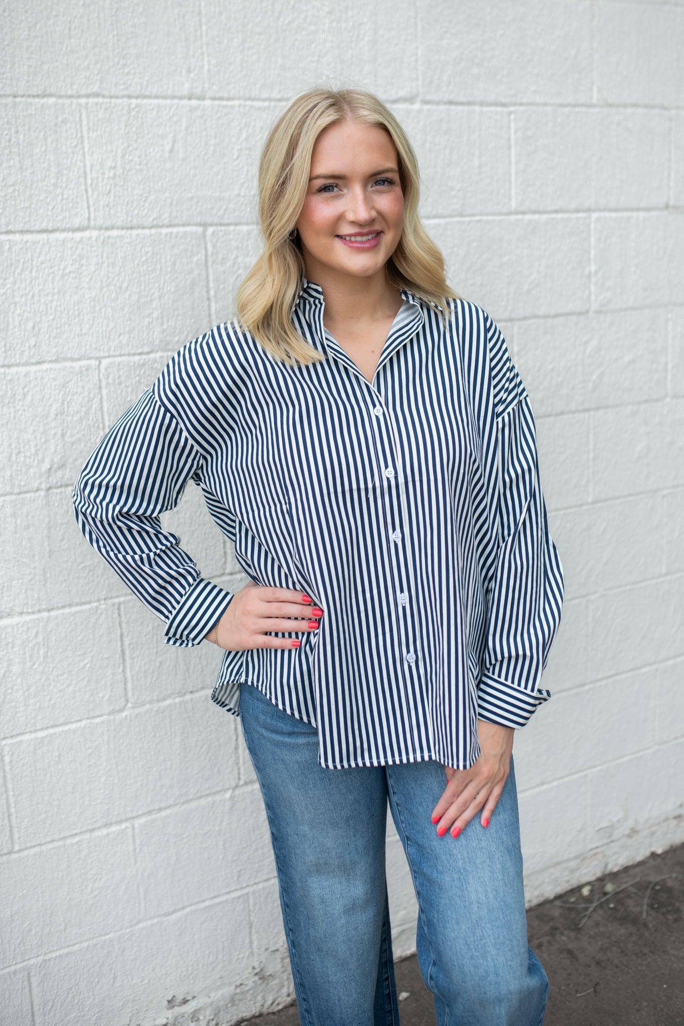 Navy & White Striped LS Top