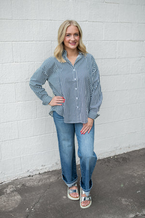 Navy & White Striped LS Top