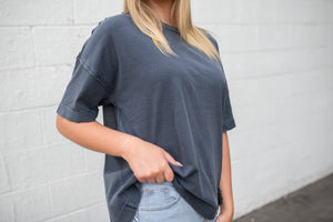 Washed Exposed Seam Relaxed Knit T Shirt Navy Gray